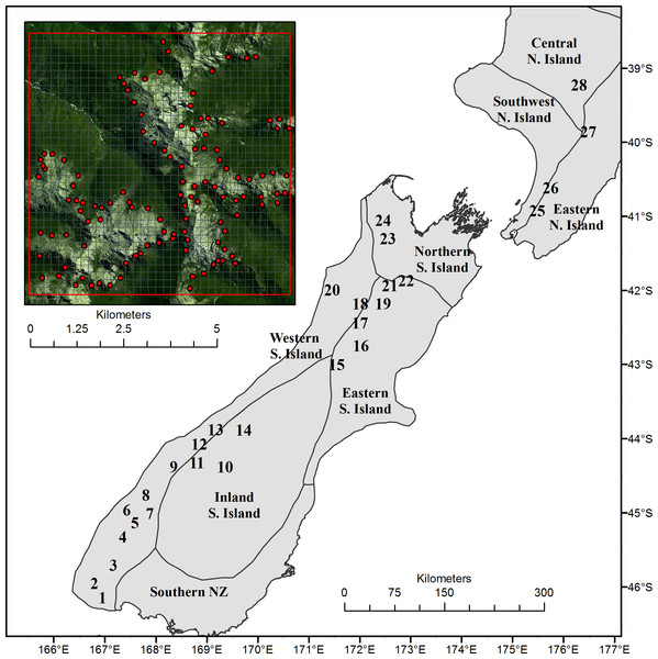 Location of the 28 study sites across New Zealand relative to broad climatic regions.