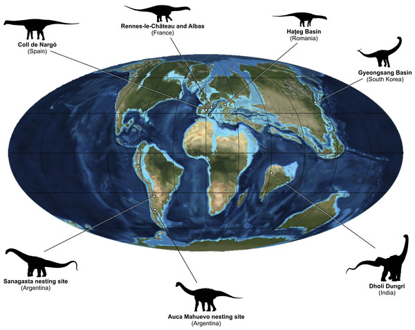 Upper Cretaceous paleogeography and distribution of the reviewed titanosaur nesting sites.