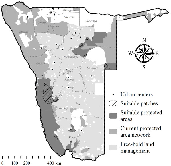 Potential recipient areas for cheetah translocations in Namibia without site fidelity considerations.
