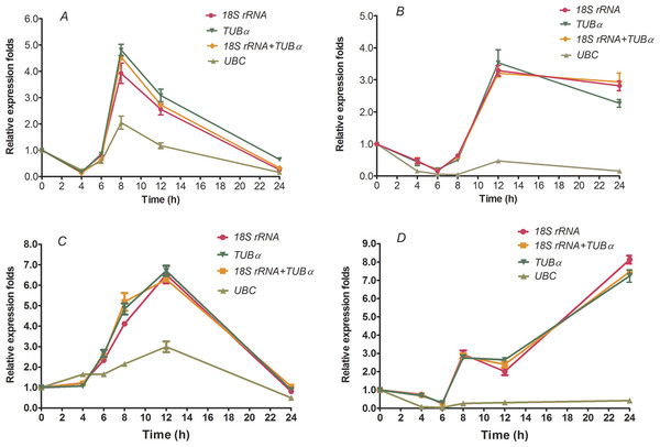 Relative increase in expression of WRKY28 and WRKY32 using the selected reference genes.