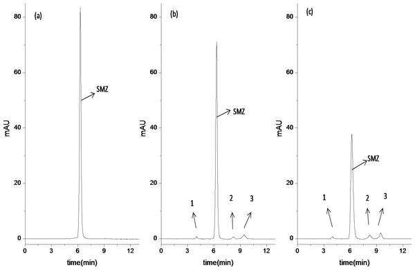 Analysis of SMZ degradation in bioreactor as function of time by HPLC.