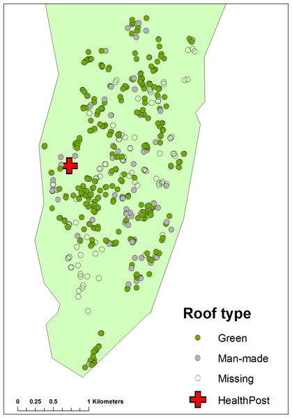 Map of Linga Linga showing the distribution of houses recorded in the census of 2007 according to roof type.