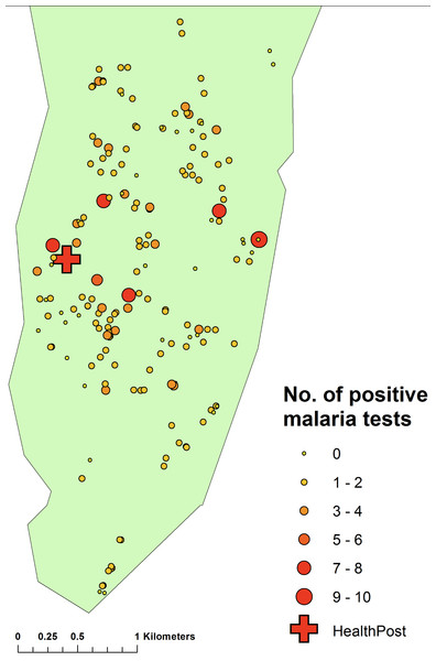 Map of the number of cases of malaria diagnosed at the clinic by household, Linga Linga, Mozambique.