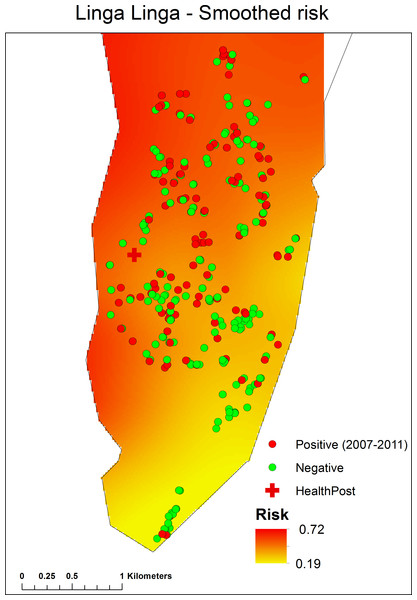 Spatial pattern in malaria prevalence, after accounting for observed risk factors, determined by a Generalised Additive Model (GAM), fitted to the individual-level data. (For details seeSupplemental Information).