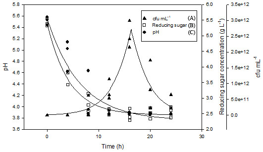 Shake flask fermentation of M. charantia juice with L. plantarum BET003 at 30 °C for 24 h: (A) cell viability (Log CFU mL−1); (B) reducing sugar; (C) pH.