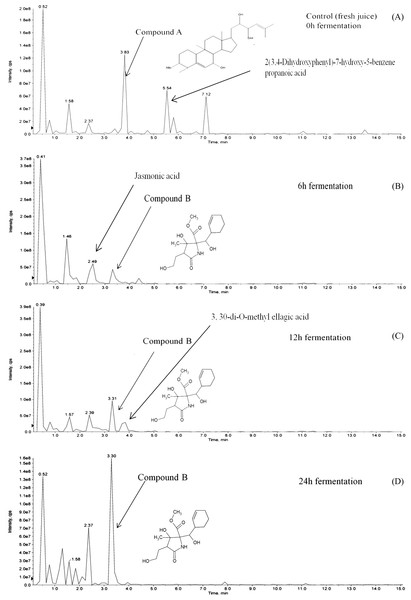 LCMS/MS analysis of M. charantia juice: (A) fresh juice as control; and fermented juice for (B) 6 h; (C) 12 h; (D) 24 h.