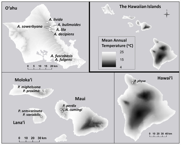Mean annual temperature (°C) at the sites where wild snails were originally collected for the tree-snail captive-rearing facility at the University of Hawaiʻi at Mānoa.
