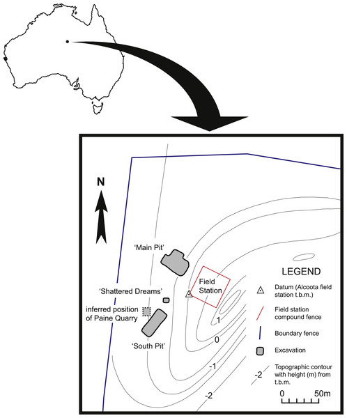 Map of north-west corner of Alcoota Fossil Reserve showing the principal excavation sites of the Alcoota Local Fauna.