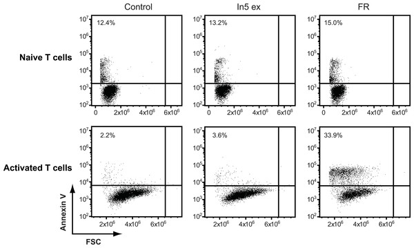 Annexin V staining of naïve or CD3/CD28 stimulated CD4 T cells after treatment with Pseudomonas crude extract.