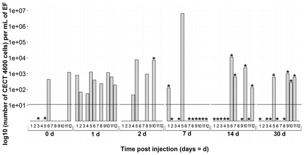 Kinetics of clam infection by CECT4600T V. tapetis strain by virB4 real-time PCR in extrapallial fluids sampled at 0, 1, 2, 7, 14 and 30 days post-injection.
