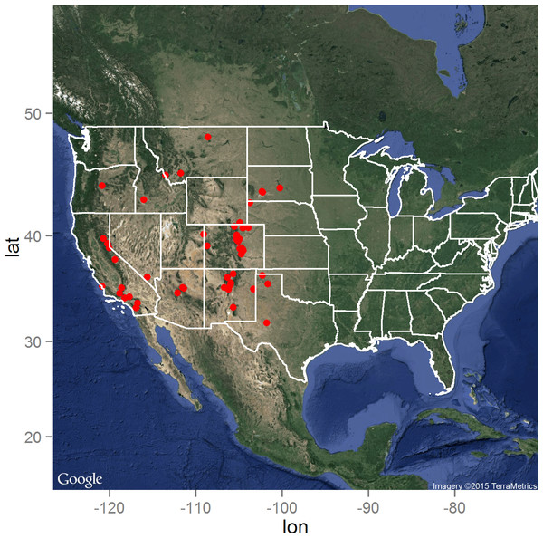 The distribution of the 66 laboratory-confirmed animal plague cases identified through the ProMED system between January 1, 2000 and August 31, 2015 in the United States.