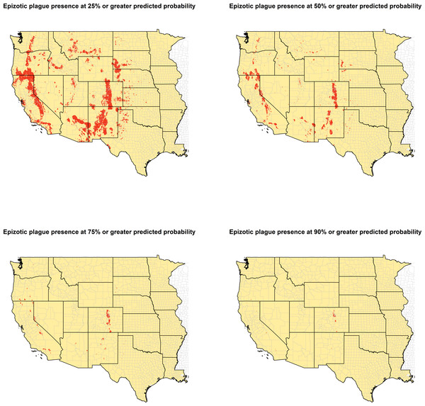 Predicted presence of animal plague based on thresholds of 25%, 50%, 75%, and 90% probability of animal plague occurrence derived from the Maxent model.