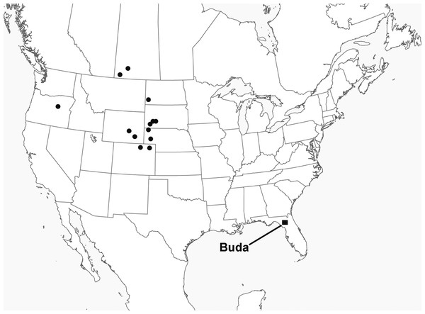 Map of North America showing the localities in which the apatemyid Sinclairella is known.