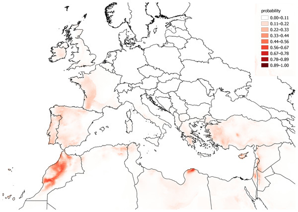 A distribution model created from the naturalised range of Chenopodium vulvaria outside Europe and extrapolated back to Europe.