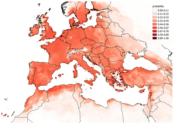 A distribution model of Chenopodium vulvaria created from all known locations.