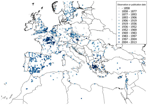 A dated distribution map of Chenopodium vulvaria observations from Europe, North Africa and the Middle-east.