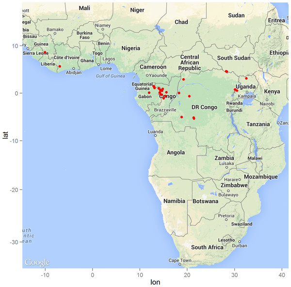 The distribution of zoonotic Ebola virus disease transmission events (red dots) across West and Central Africa.