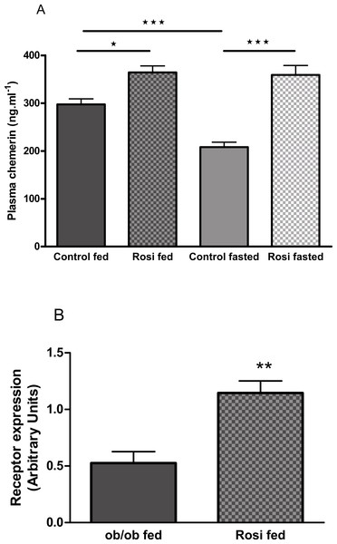 The effect of fasting and rosiglitazone on plasma chemerin concentration (A) and RARRES2 expression in inguinal adipose tissue (B) in female C57Bl/6J ob/ob mice.