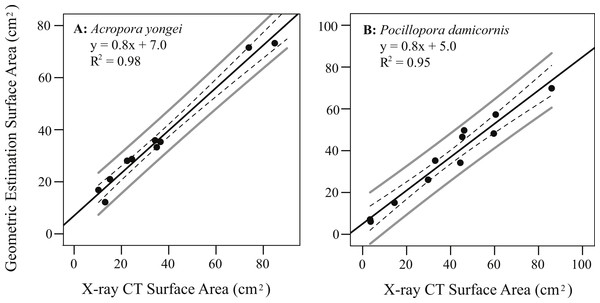 Coral surface area using geometric estimation versus X-ray CT.