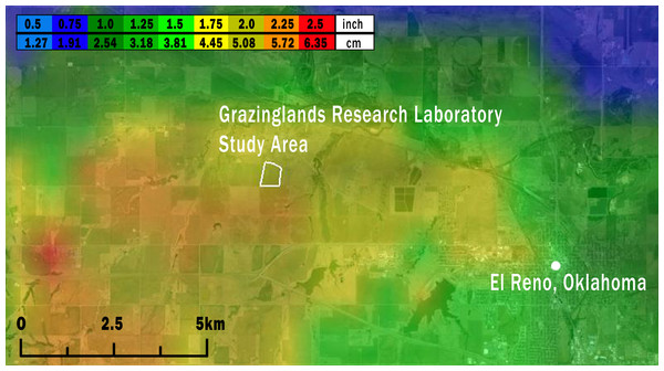 Map of the study area (white outline) showing the maximum size of hailstones that fell across the region on May 31, 2013.