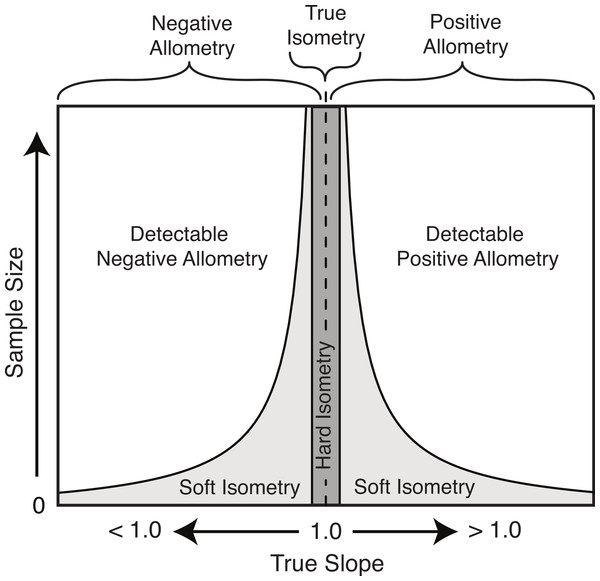 Schematic of the relationship of the true slope and the sample size to the ability to categorize scaling trends.