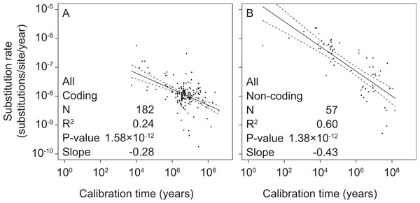 Linear regressions of log-transformed rate estimates from mitochondrial markers in a range of metazoan taxa against the log-transformed calibration times that were used to estimate the rates.