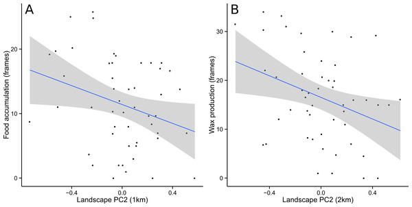 Food accumulation and wax production were negatively correlated with PC2.