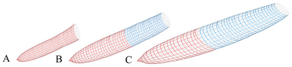Simulations of a single knot from Eqs. (4) and (5) at 6.1 m of the main stem.