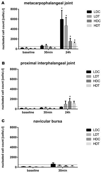 Bar graphs illustrating synovial fluid total nucleated cell counts after IVRLP with tiludronate or saline.