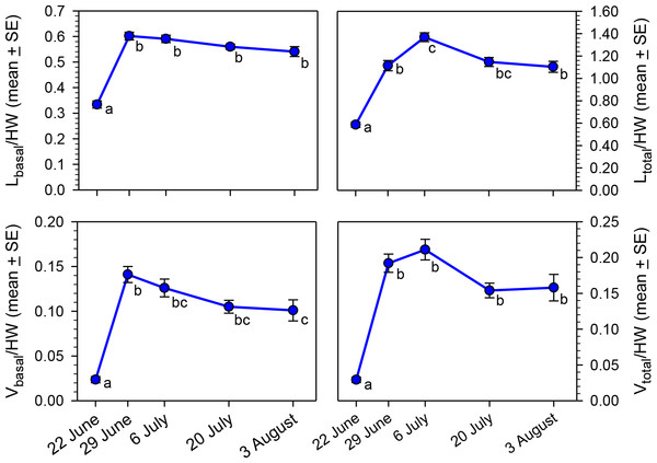 Seasonal changes in body size-adjusted oocyte size variables by sampling date for bees collected in MT in 2012.