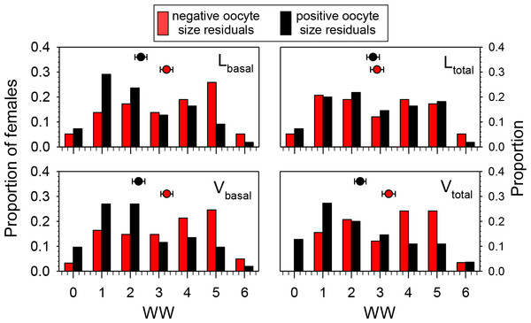 Proportions of females in different wing wear index (WW) categories with either negative or positive residuals for the regressions of Lbasal, Ltotal, Vbasal, and Vtotal (all transformed as the square root of the value + 0.5) on head width (HW).