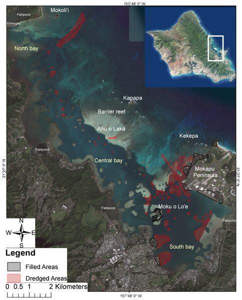 Dredging and filling areas in Kāneʻohe Bay, Oʻahu Hawaiʻi.