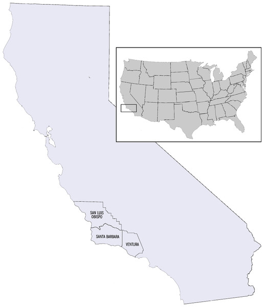 Map of study area depicting the Tri-County Area within California, United States of America.