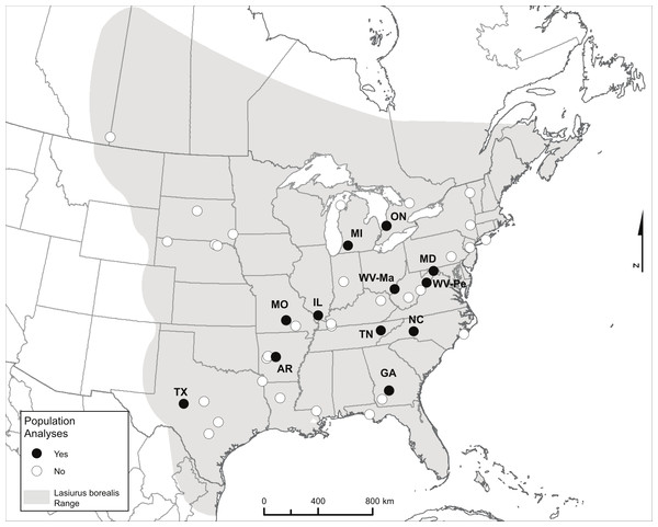 Map showing the range of eastern red bats and all sampling locations.