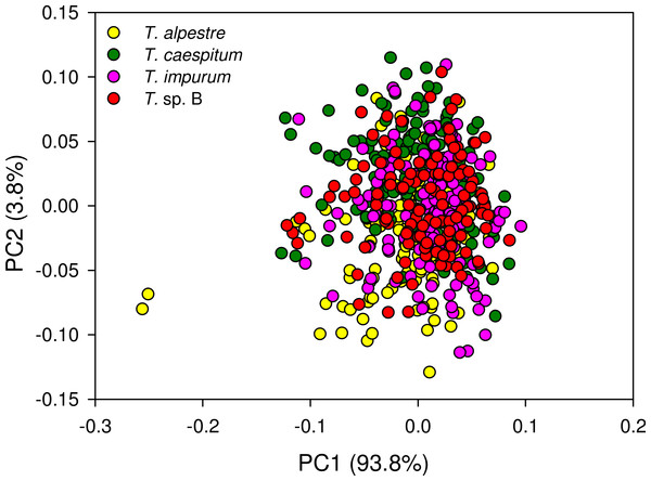 Principal component analysis scatter plot of 1,801 spectral variables from all 528 specimens.