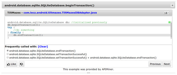 Interface for presenting examples for API usage patterns.