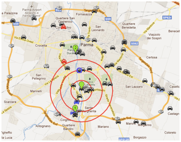 Example of simulated DGT-based VSN (in the city of Parma, Italy).