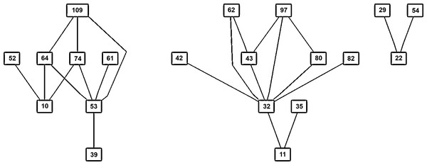 Graphic representation of the Graph described by the adjacency matrix C(i, j) considering only the edges corresponding to DNA-matches greater or equal to 24 Mbp.