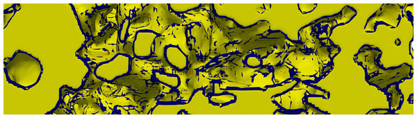Isosurface of a porous medium (yellow) in comparison to the original STL data (blue).