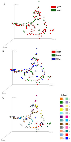 Principle Coordinates Analysis (PCoA) plots showing the clustering of samples by various metadata.