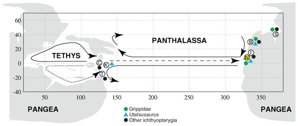 Distribution of Early Triassic ichthyopterygians.