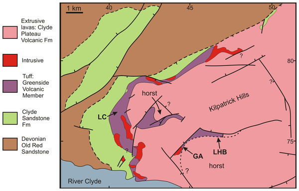 Spatial relationships of the Mississippian plant-bearing localities to the solid geology and faulting in the western half of Kilpatrick Hills.