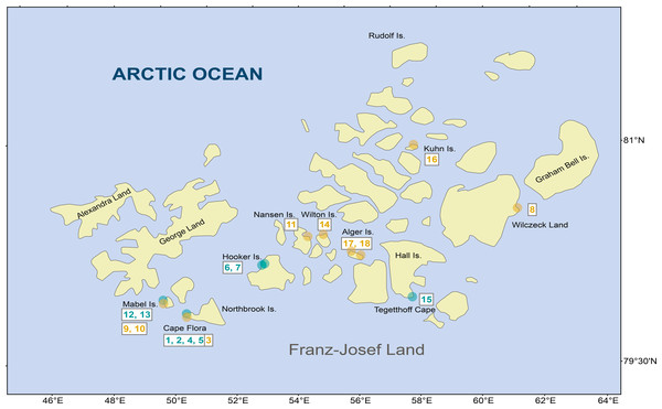 Diatom samples localities in Franz Josef-Land Archipelago.