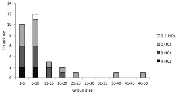 The frequency of different group sizes for 30 groups of fifth–sixth instar Uraba lugens caterpillars observed in the field.