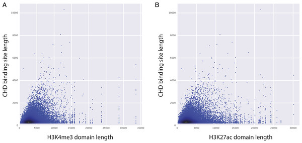 CHD1 binding length and H3K4me3 (and H3K27ac) domain lengths are correlated.