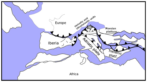 Palaeogeographic reconstruction of the Penninic realm (redrawn, simplified and modified from Schettino & Turco, 2011).