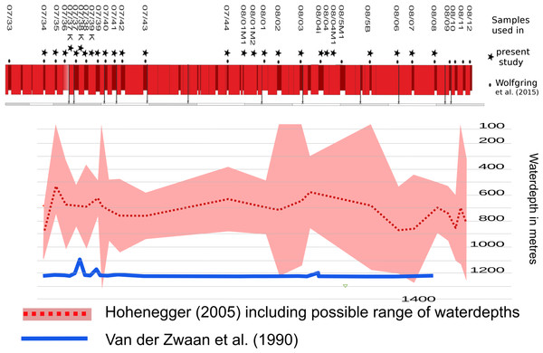 An average palaeo-waterdepth was calculated applying the methods of Hohenegger (2005) and Van der Zwaan, Jorissen & de Stigter (1990).