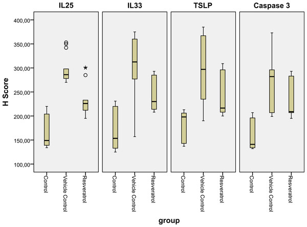Boxplot of the IL-25, IL-33 and TSLP H scores in the various groups.
