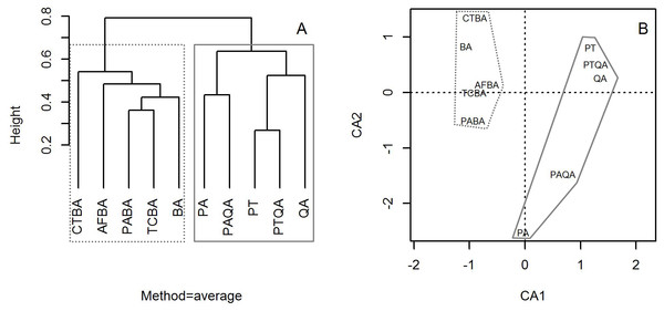 Dendrogram from the cluster analysis based on group averages (A) and correspondence analysis ordination diagram (B) of the 10 typical secondary forests in the birch and pine-oak belts in the mid-altitude zone of the Qinling Mountains, China.