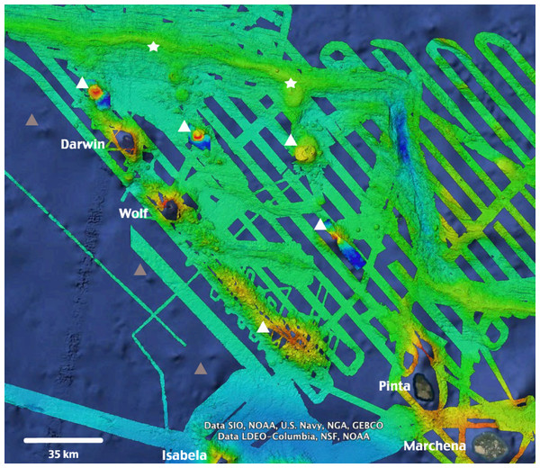 High-resolution bathymetry around Darwin and Wolf Islands.